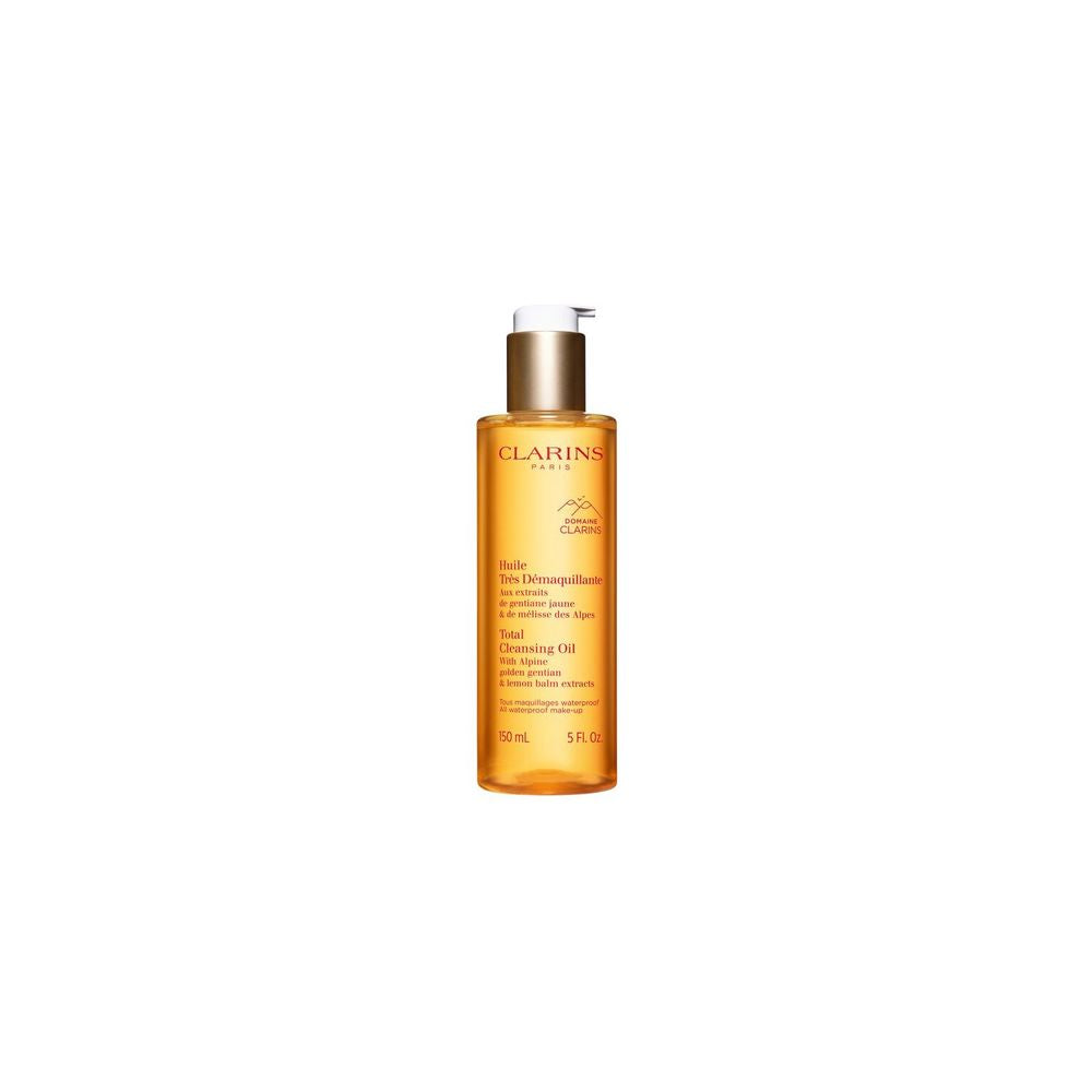 Clarins Amber cleansing oil in plastic pump bottle, lightweight sheen, visible pump dispenser, refined simple packaging