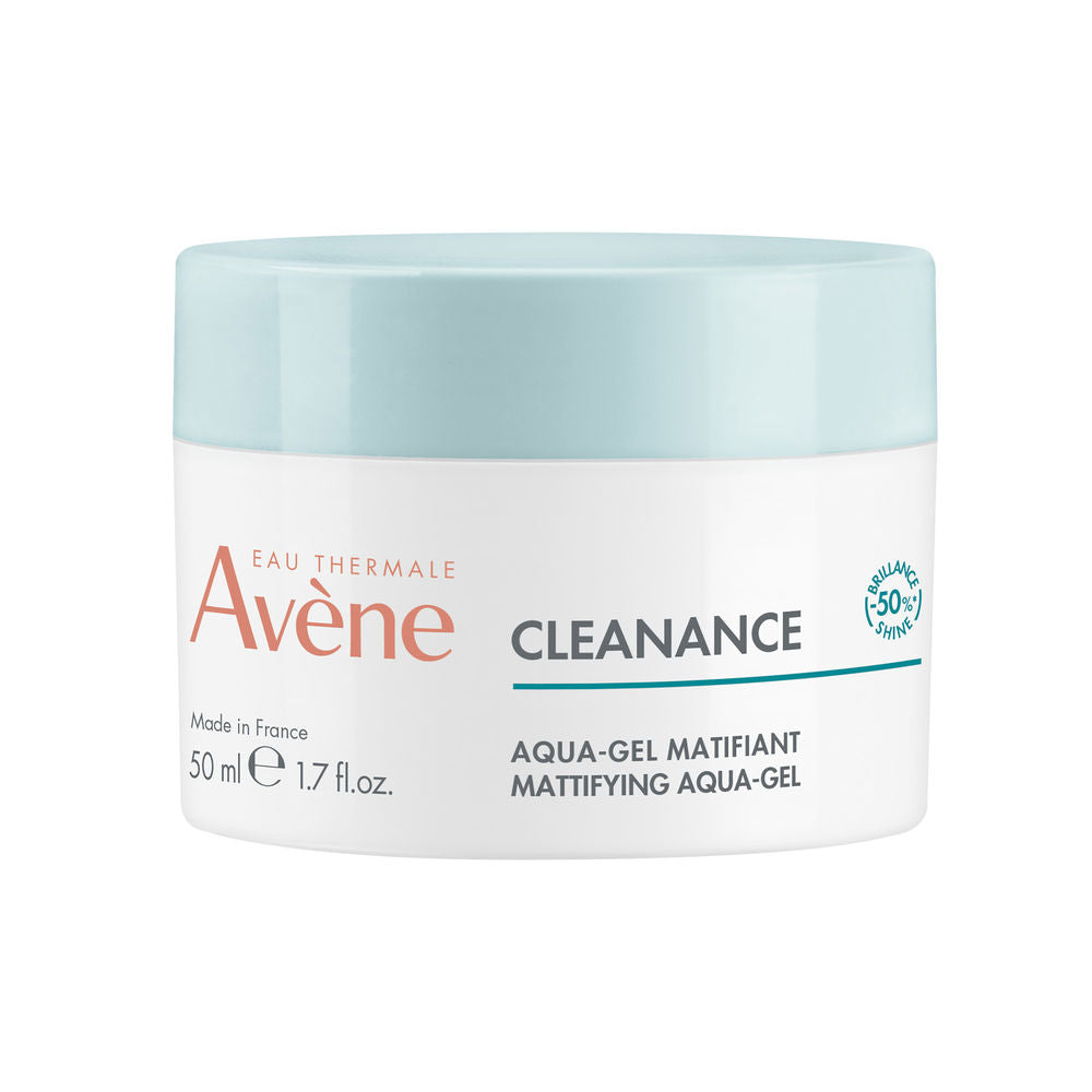 Avène Light blue and white round plastic face cream jar with screw-on lid, printed text and measurement markings