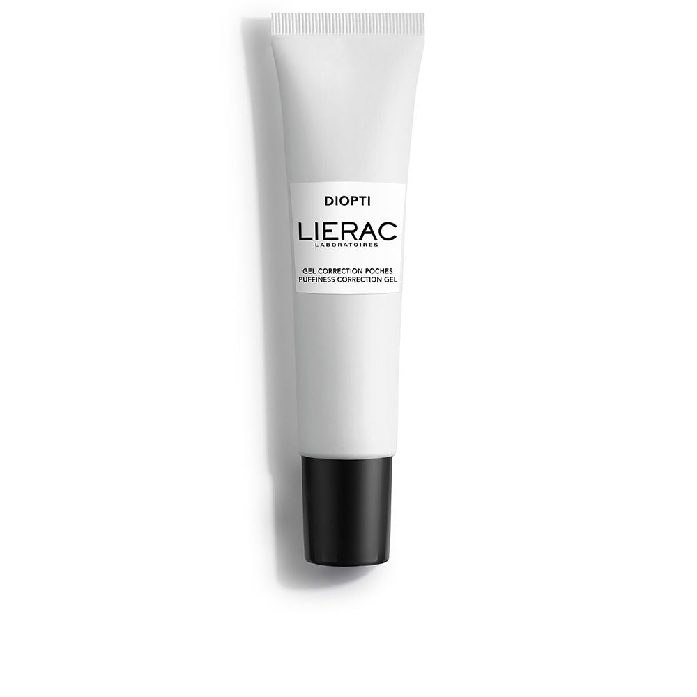 Lierac minimal white plastic gel tube with black screw cap, compact labeled minimalist packaging