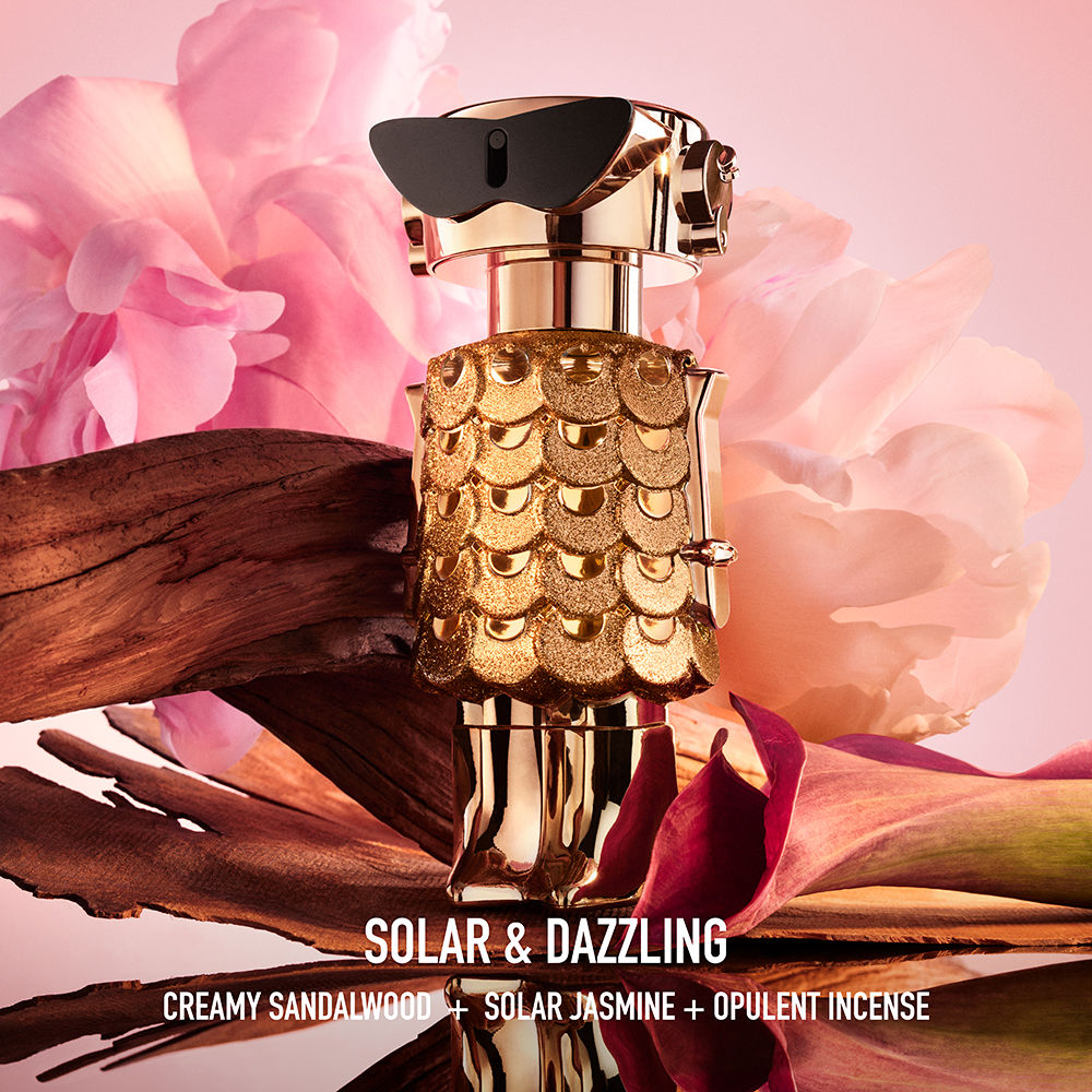 Gold-finish 50 ml Fame Intense EDP bottle, floral-woody fragrance for Women