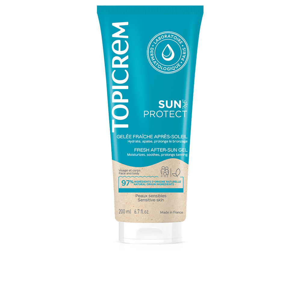 Cooling Topicrem SUN PROTECT after-sun gel tube on white background