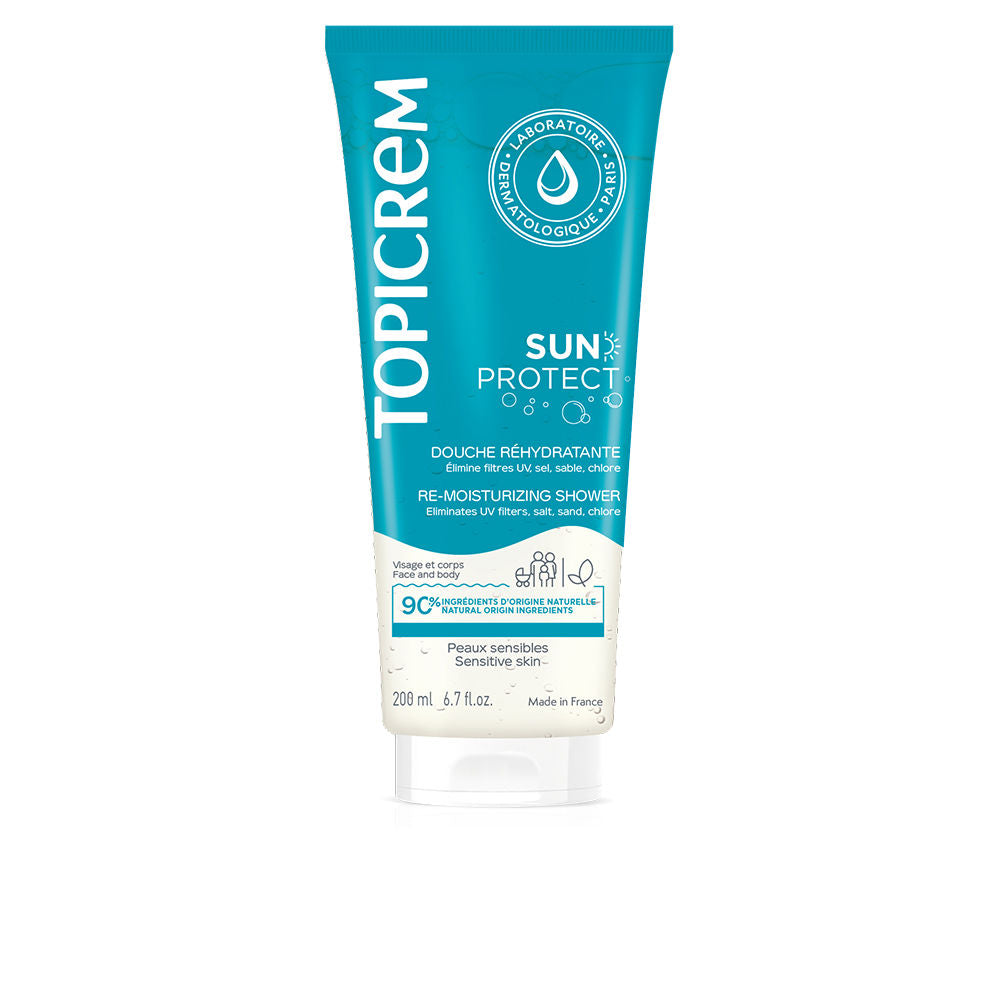 Topicrem Sun Protect translucent shower gel bottle with summery fragrance