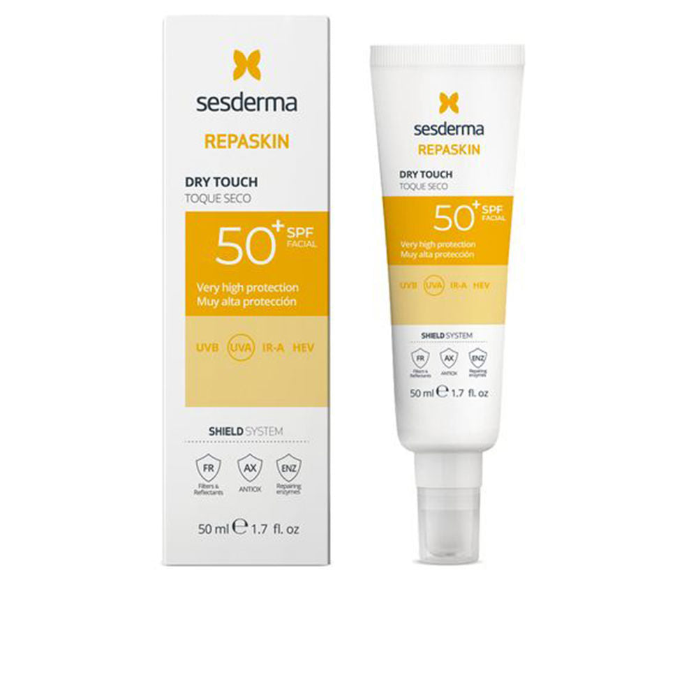 Sesderma Minimalist white and yellow facial sunscreen tube with pump and beige box, plastic tube and cardboard packaging