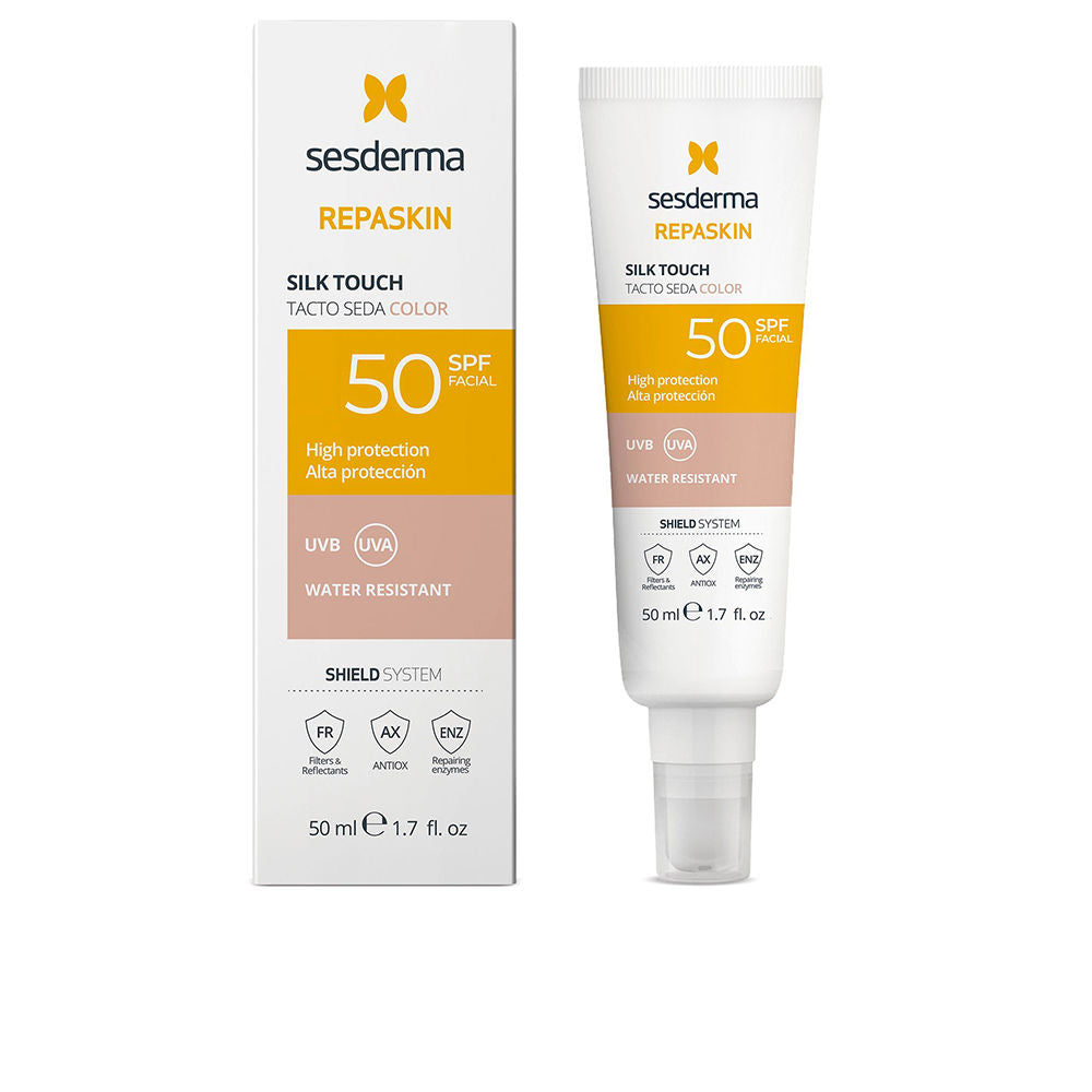 Sesderma White, yellow and beige minimalist plastic sunscreen tube with pump, color-block design and front text