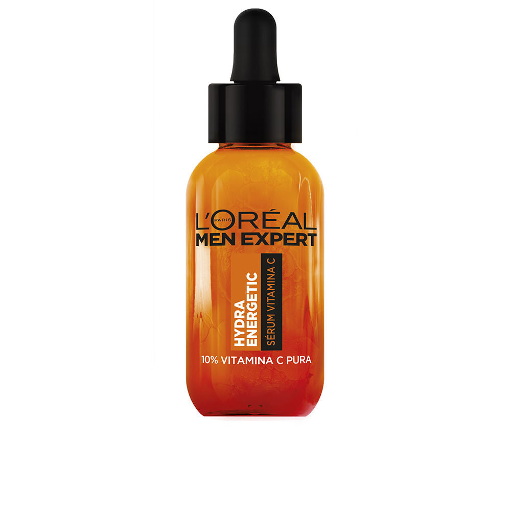 L'Oréal Paris Glass serum bottle with orange-to-red gradient, black plastic dropper cap, printed label, modern design