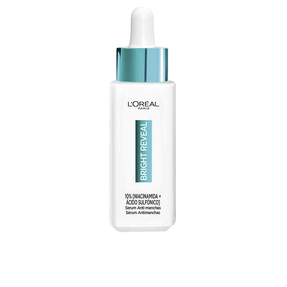 L'Oréal Paris White plastic rectangular serum bottle with dropper cap, metallic teal collar and printed front text