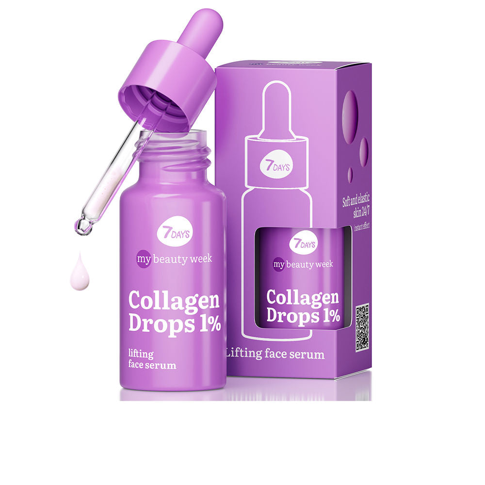 Purple glass bottle with dropper, transparent liquid drop visible, minimalistic modern box, 7days
