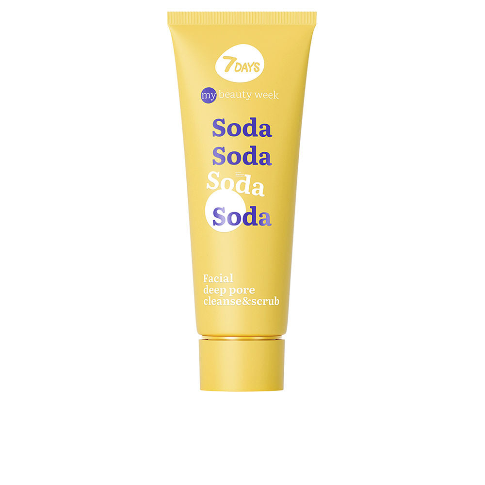 7days Yellow plastic tube facial cleanser and scrub with screw cap, modern minimalist design, tactile cream visible