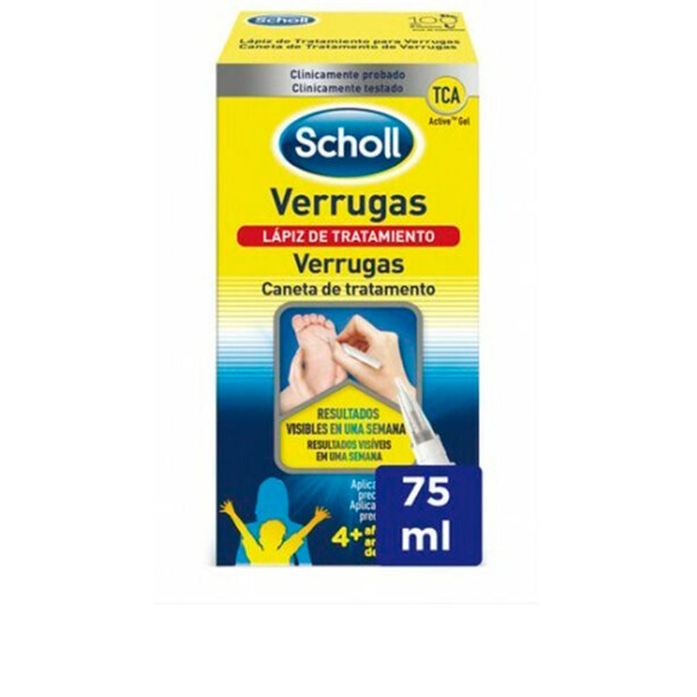 Yellow and blue wart treatment pen with pen applicator, brand Scholl logo, measurement label