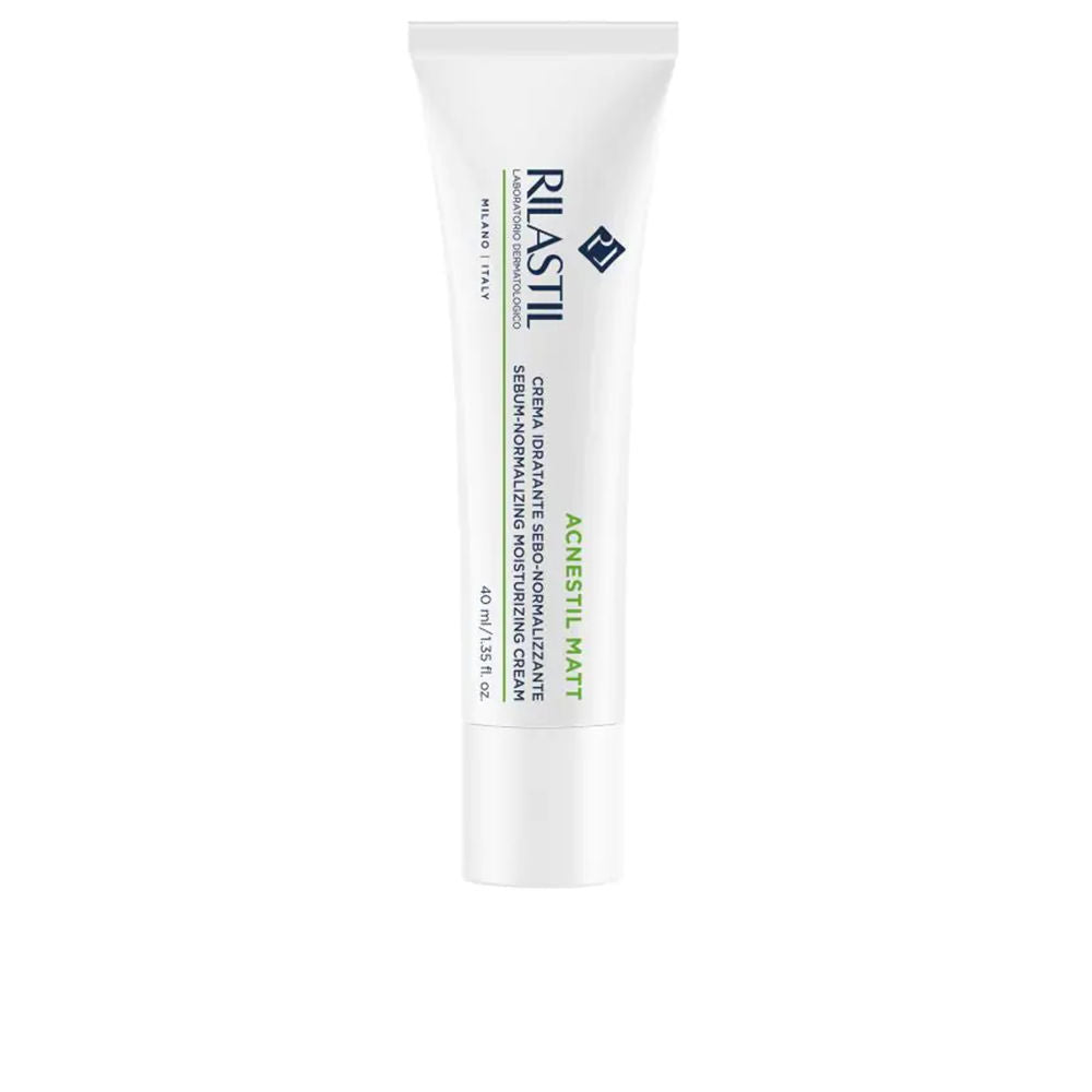 Jar of lightweight Rilastil facial cream on neutral background
