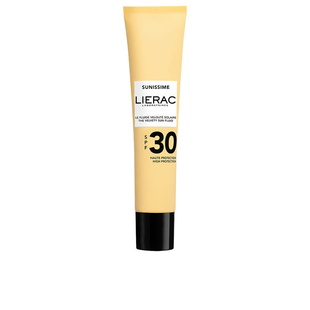 Bottle of LIERAC SUNISSIME silky solar fluid SPF 30 with summery notes