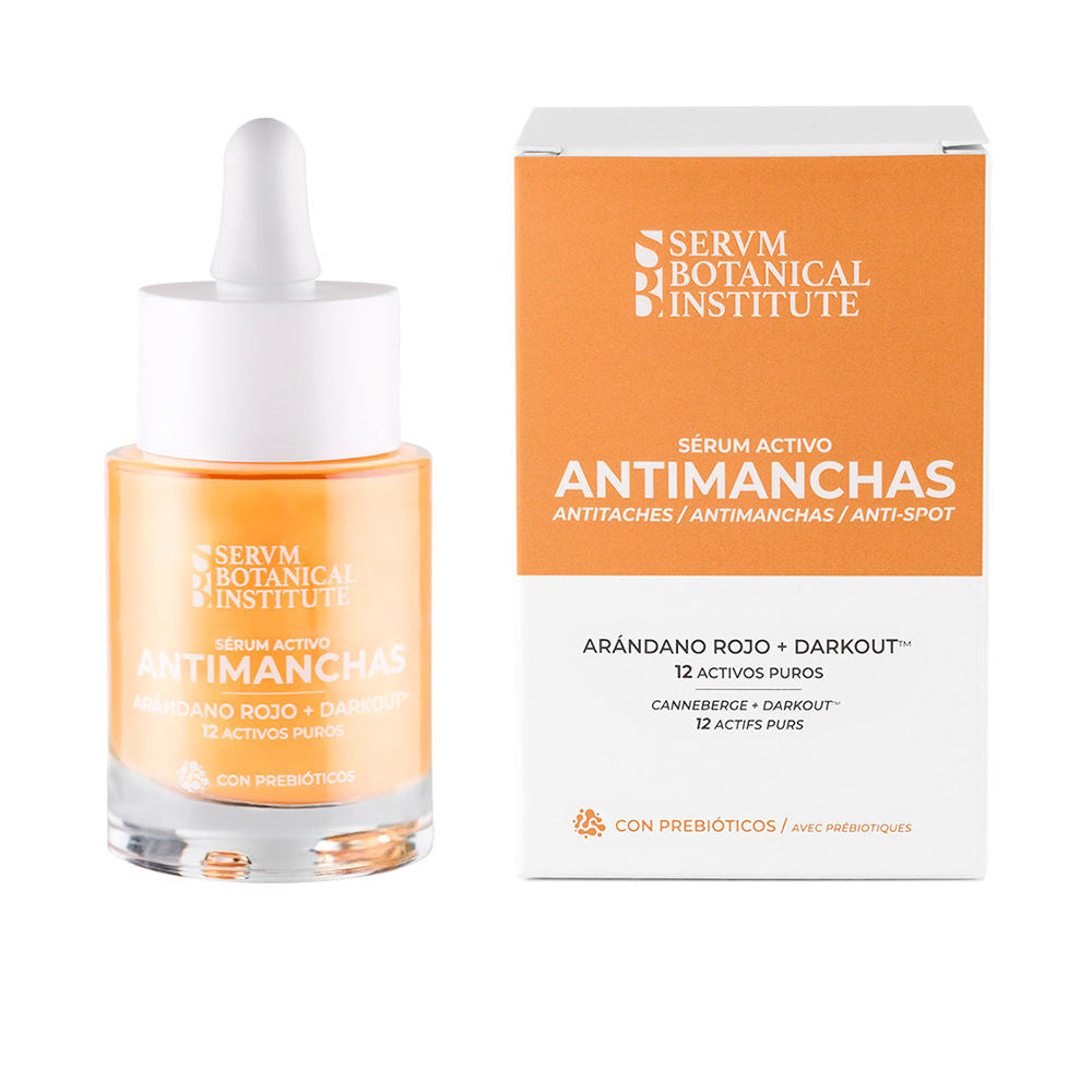 Servm Botanical Institute Minimalist glass serum bottle with white dropper cap and orange label beside matching cardboard box