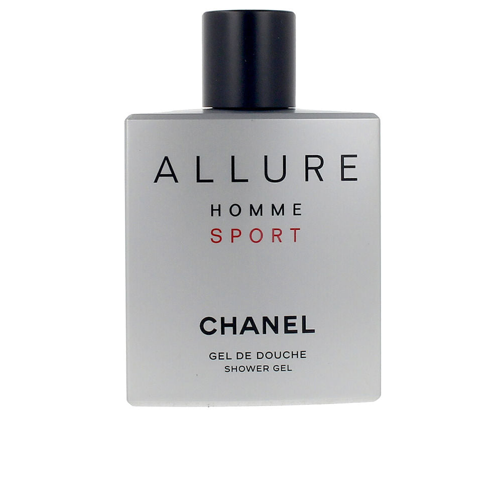 Chanel Sleek tall bottle of Allure Homme Sport shower gel with minimal label and clear amber liquid