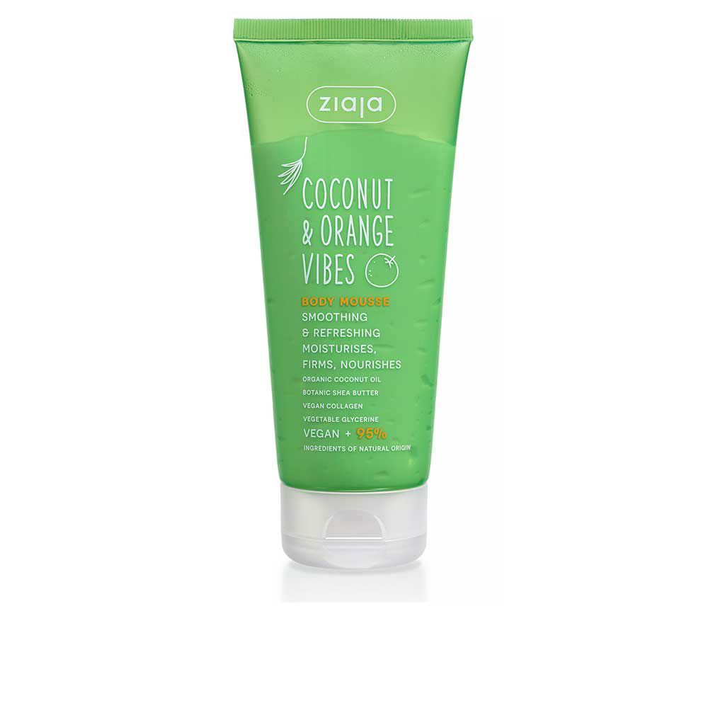 Green plastic body mousse tube with flip-top cap, minimalist text and small graphic print, Ziaja