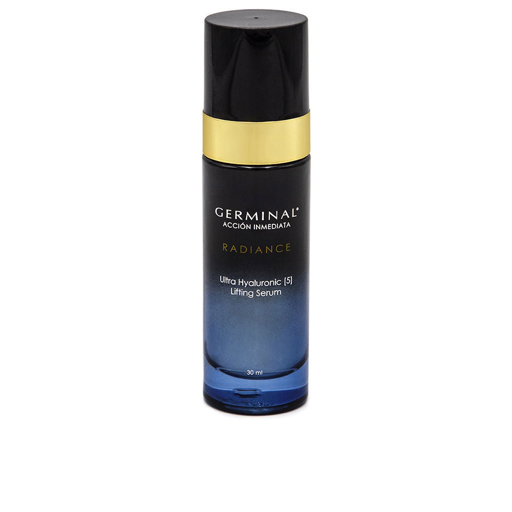 Germinal Cylindrical pump serum bottle in black-to-blue gradient with gold band, plastic or glass finish