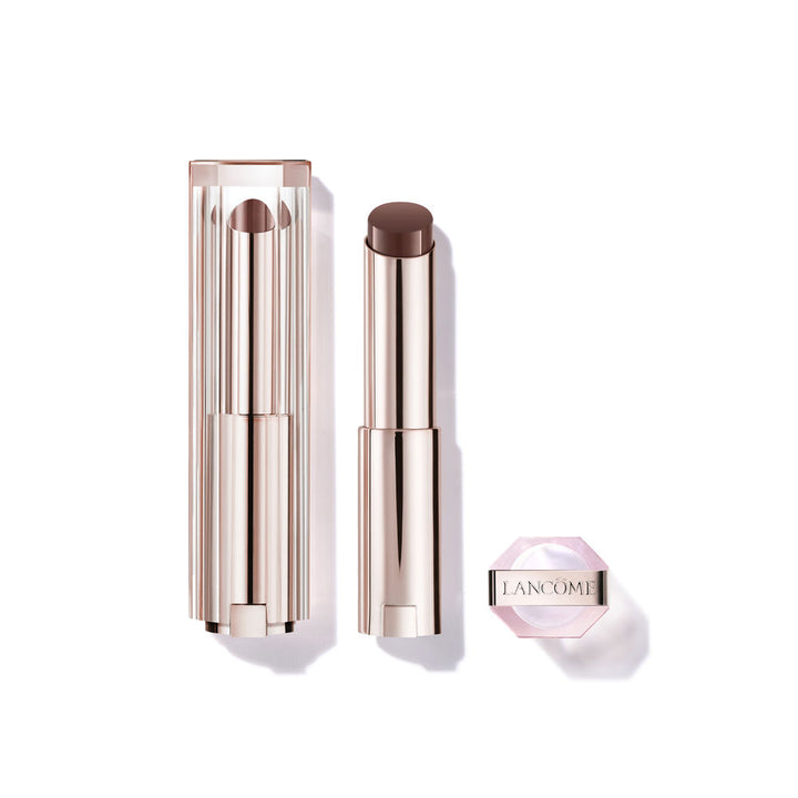 Small tinted lip balm tube, sheer brown shade, creamy glossy finish