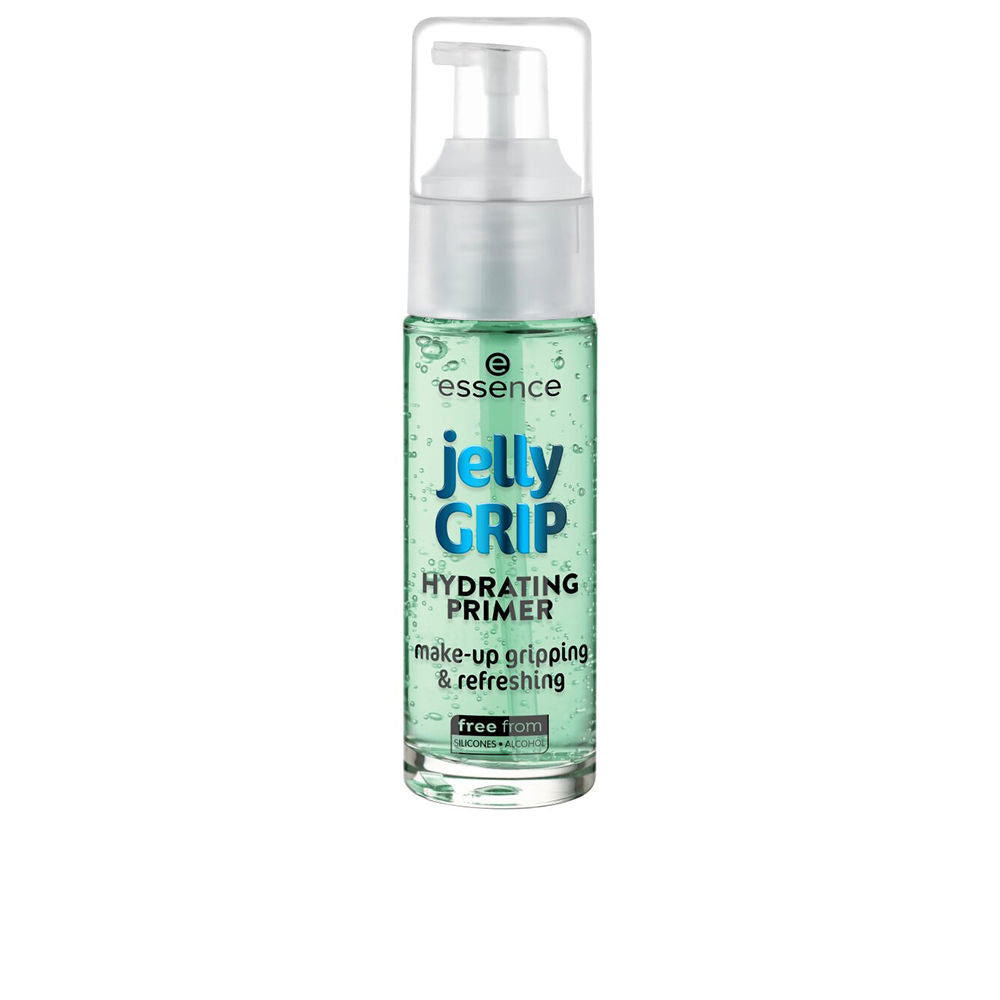 Essence green hydrating primer in transparent plastic bottle with pump, visible bubbles and printed text