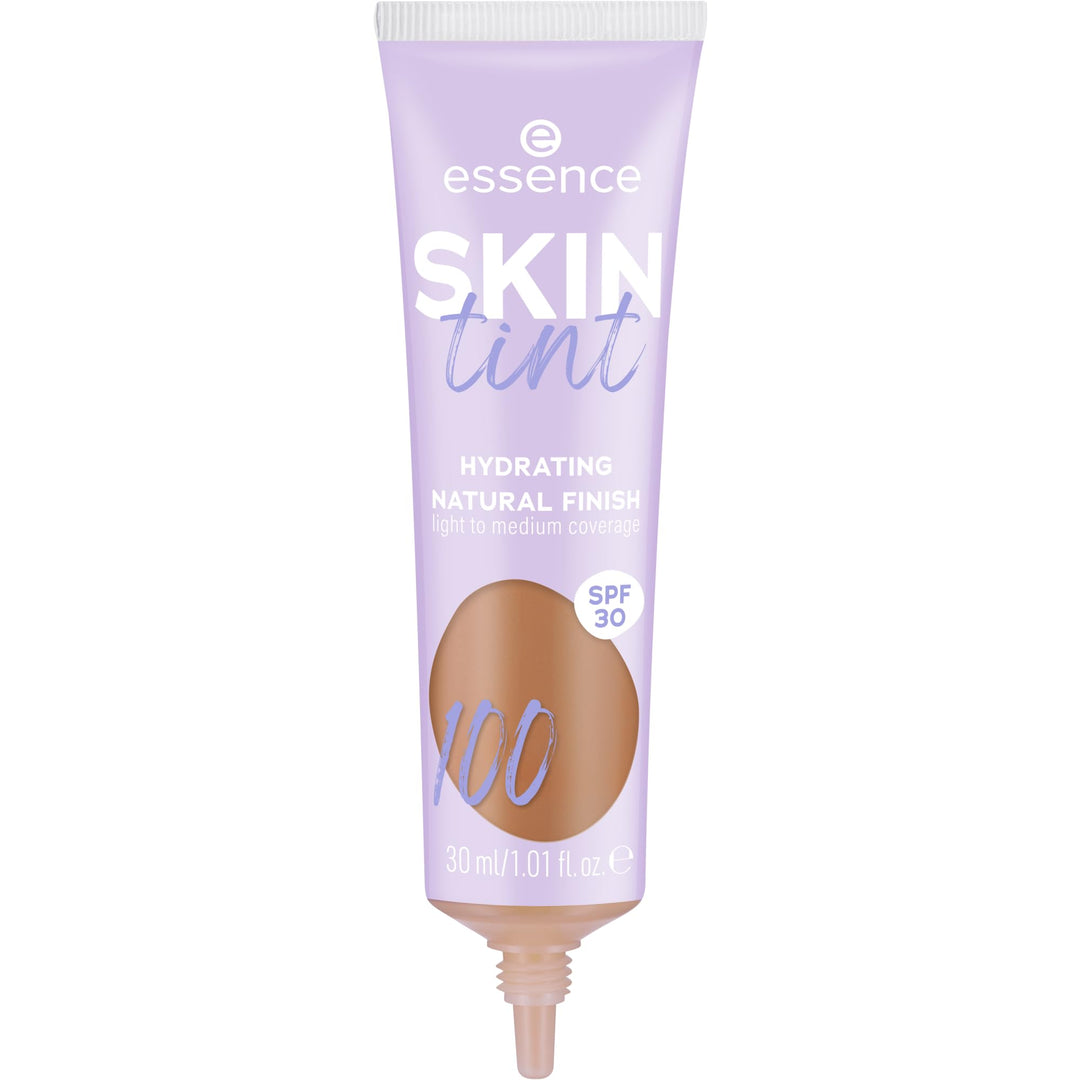 Essence Lavender and white plastic tube with brown color swatch, white screw cap, printed SPF 30 text