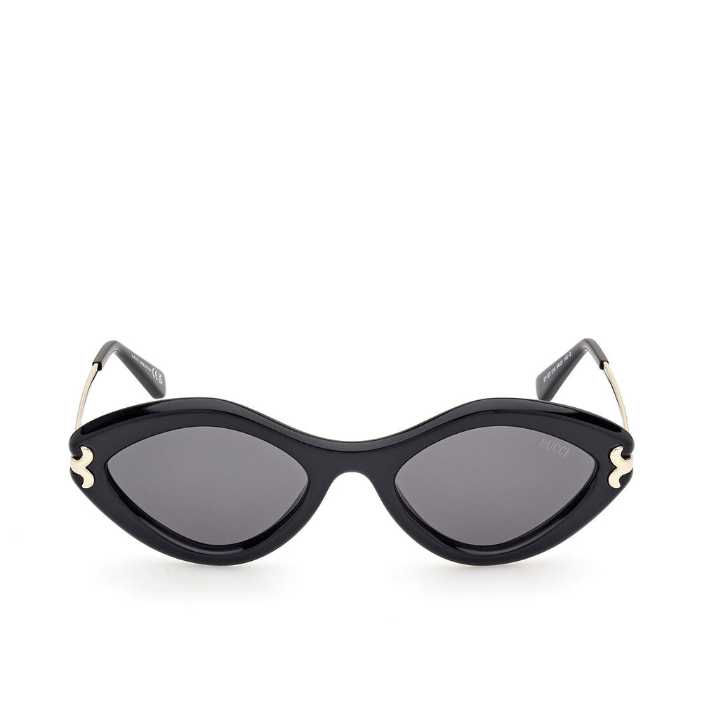 Emilio Pucci Glossy black retro cat-eye sunglasses with dark tinted lenses, gold frame accents, plastic front and metal temples from