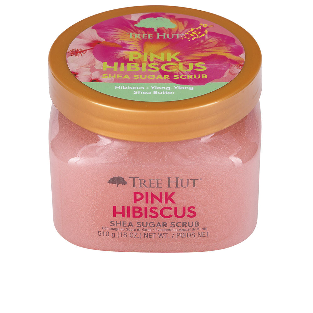 Tree Hut Round translucent plastic jar of pink shea sugar scrub, golden screw lid, floral label