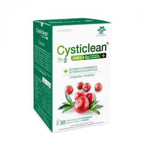 Jar of Cysticlean powder with cranberry imagery and product scoop