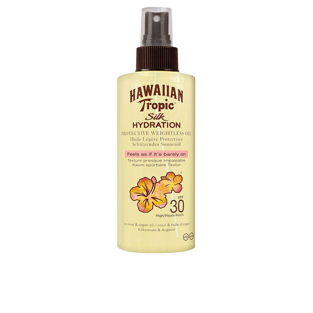 Hawaiian Tropic Yellow plastic spray bottle with pink flower illustration, brown cap and spray nozzle, tropical finish