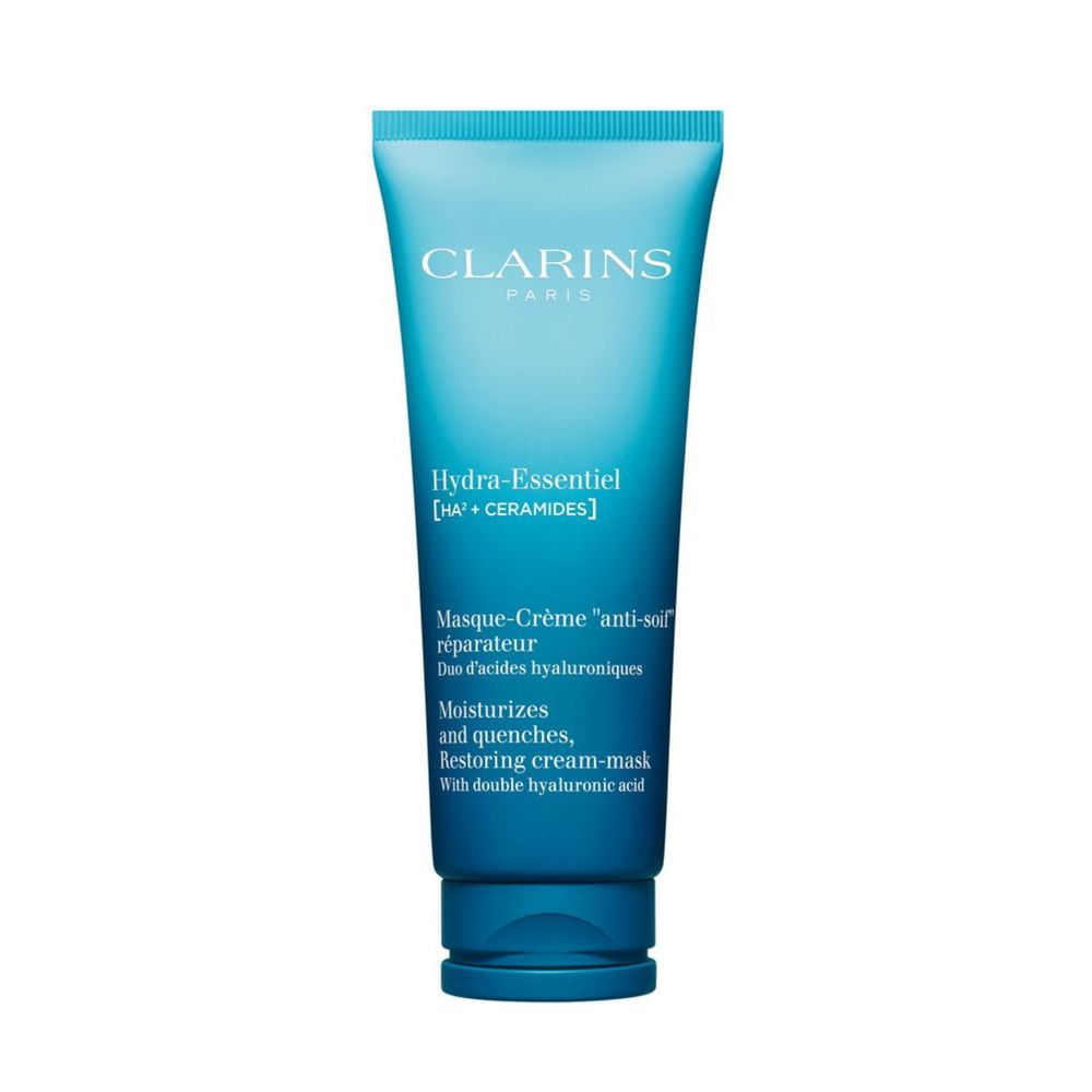 Clarins blue-gradient cream-mask in plastic tube with flip-top cap, smooth texture visible