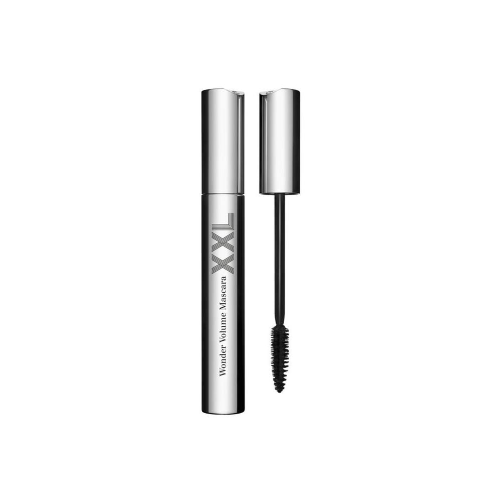 Clarins Silver-finish mascara tube with black brush applicator, sleek modern tube packaging and visible brush