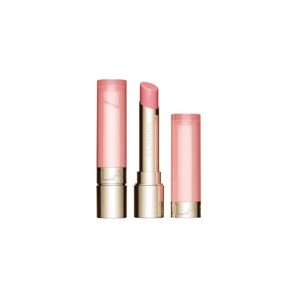Clarins pink-and-gold twist-up lip oil balm with transparent cap, angled tip, and gold metallic base