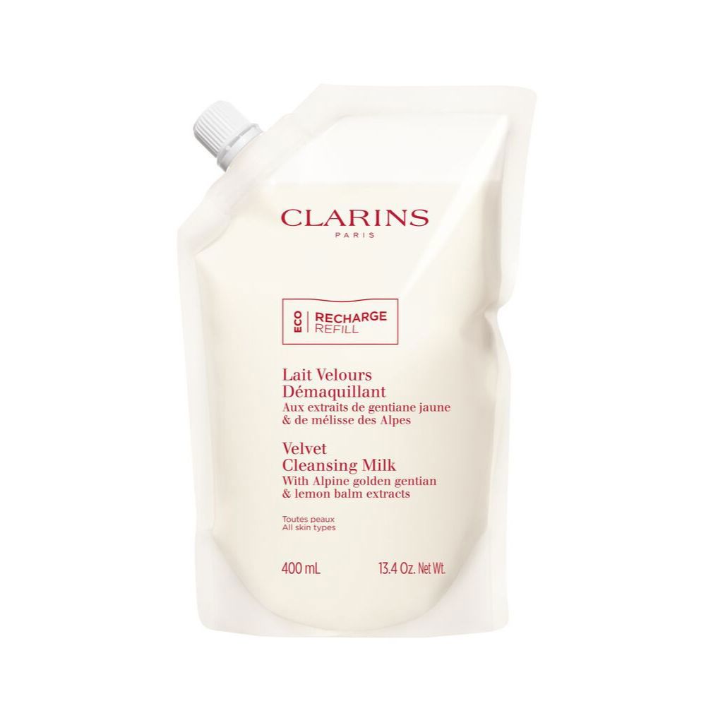 Clarins ultra-gentle milky cleanser in sustainable bottle with eco refill option