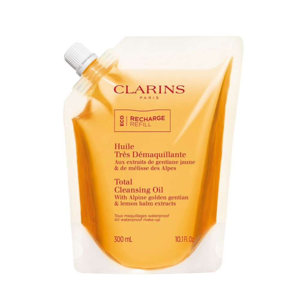 Clarins Orange plastic flexible pouch with spout cap and printed text, transparent panel showing liquid