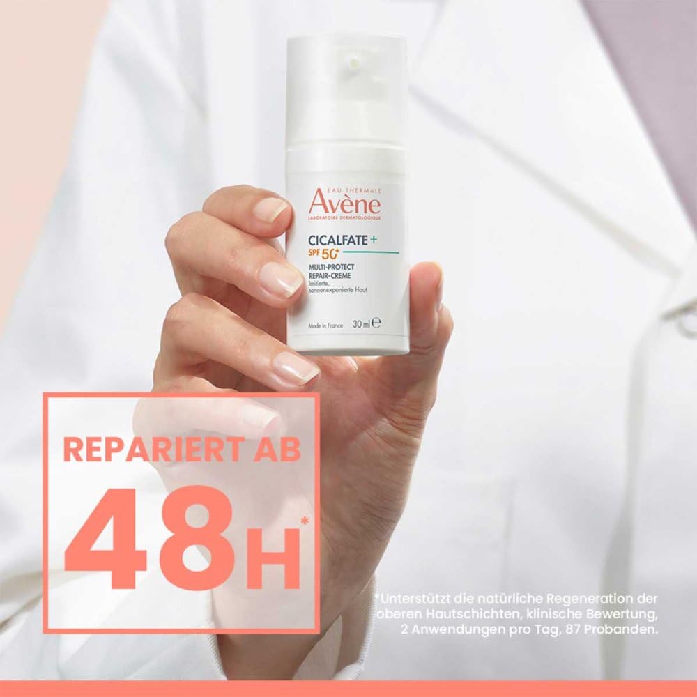 Avène White sunscreen cream tube with orange logo, black text reading SPF 50+, small portable size