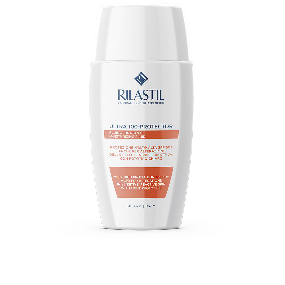 Bottle of Rilastil Sun System ultra-protective fluid SPF 50+ against white background