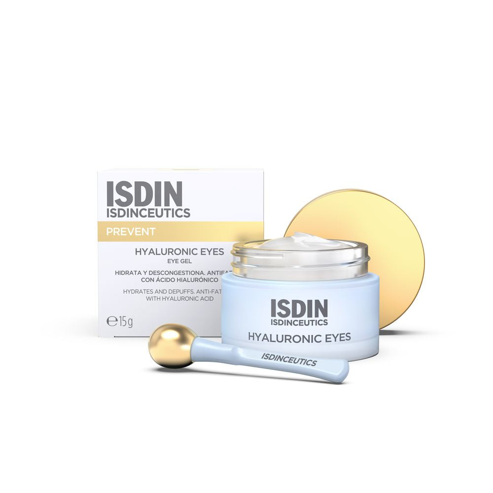 Isdin Light blue and white eye gel jar with gold metallic screw lid and small rounded applicator, minimalist