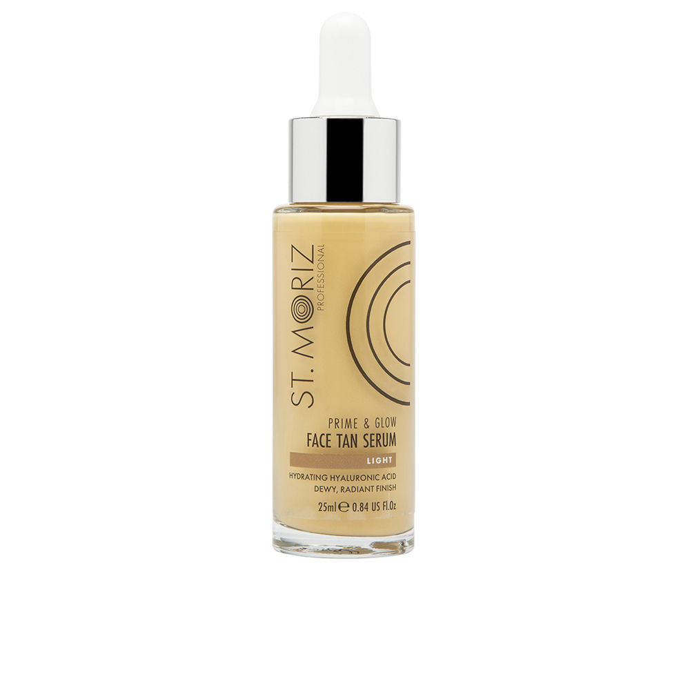 St. Moriz Beige serum in transparent glass bottle with white plastic dropper, silver collar, minimalist professional styling