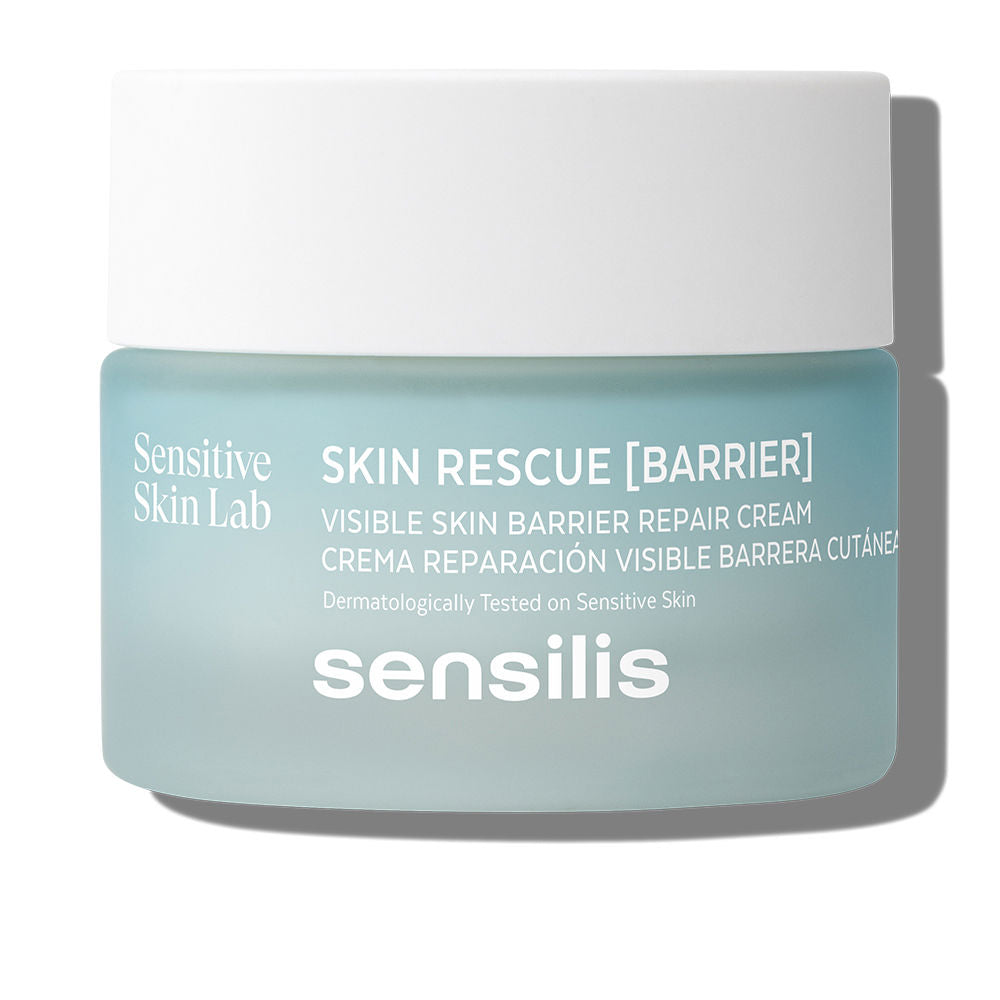 Sensilis Minimalist frosted glass jar with white screw-on lid, light blue and white cream jar, printed text visible