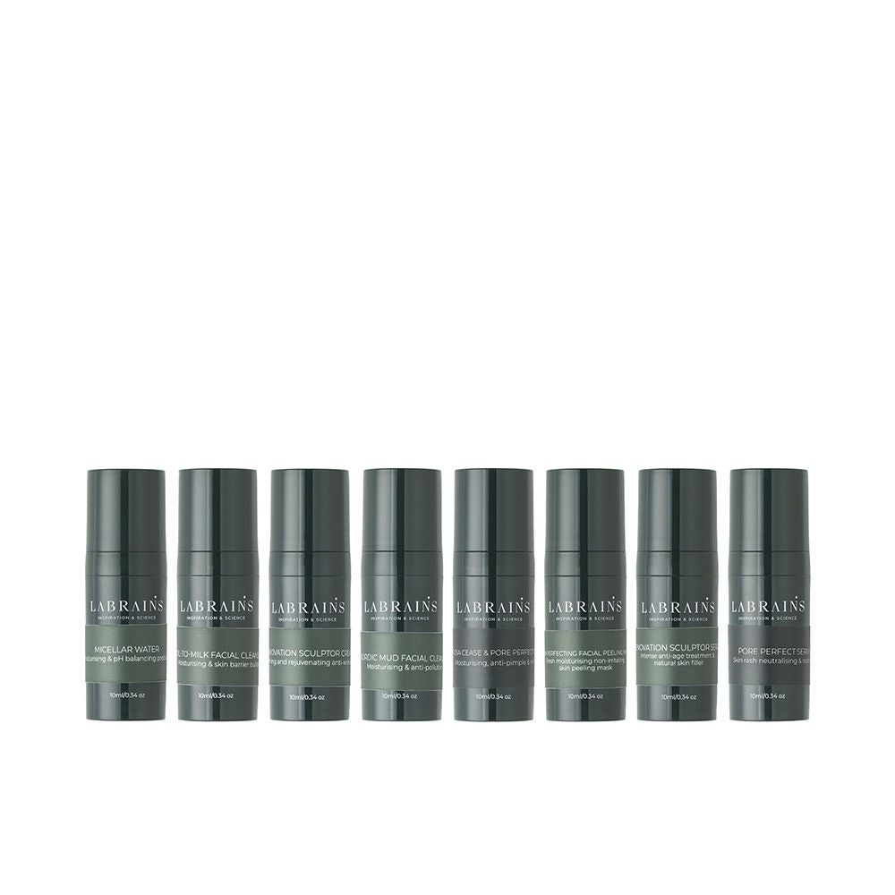Compact travel set of eight Labrains facial treatment bottles and tubes for acne-prone skin