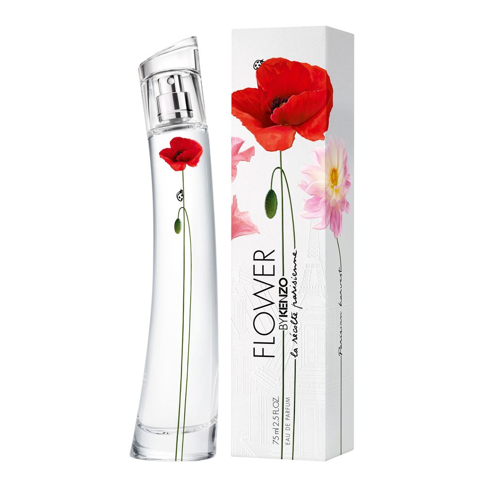 75 ml floral Eau de Parfum bottle with poppy and dahlia motif