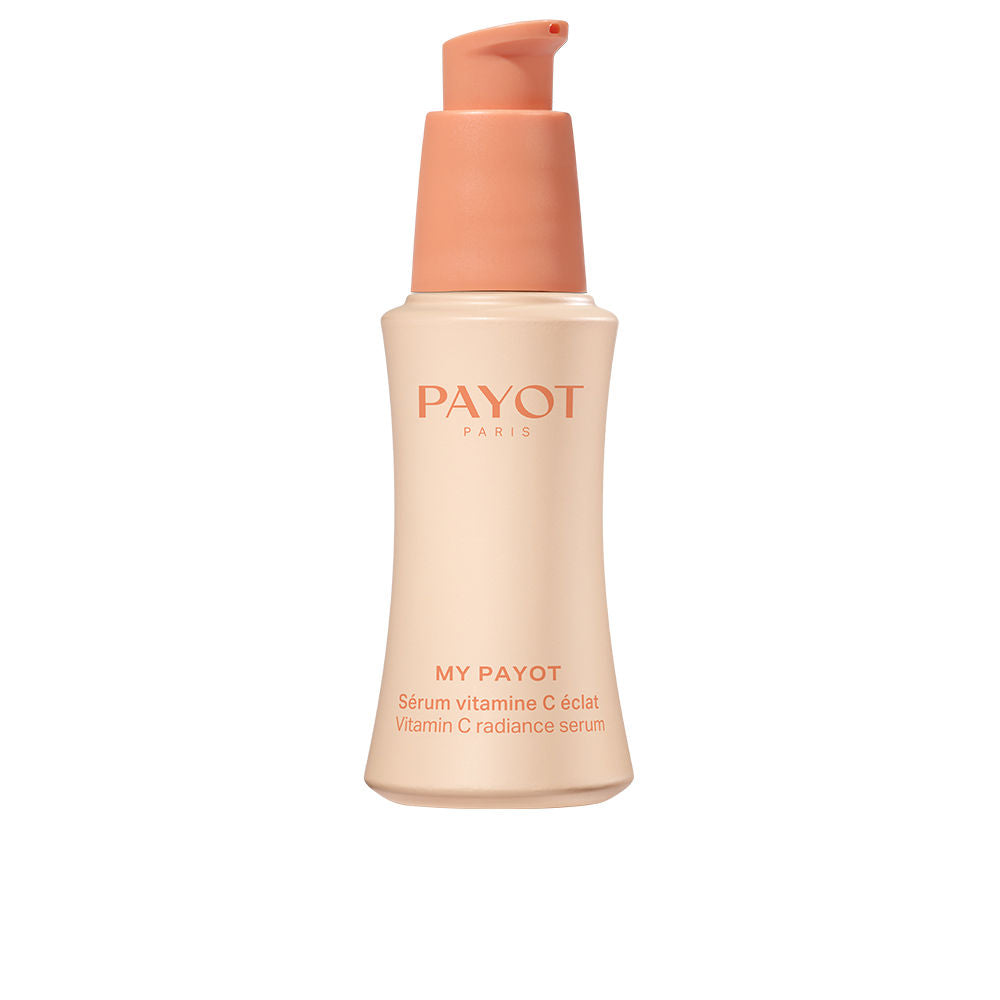Payot Peach and light beige minimalist plastic serum bottle with pump dispenser, clean labels, refined silhouette