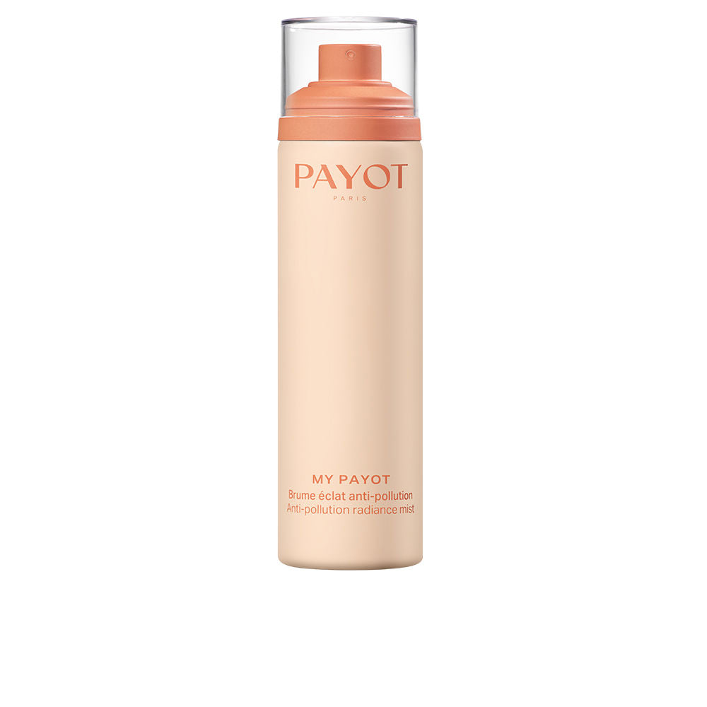Payot Peach-toned cylindrical plastic facial mist with spray nozzle, transparent cap, printed text, matte finish