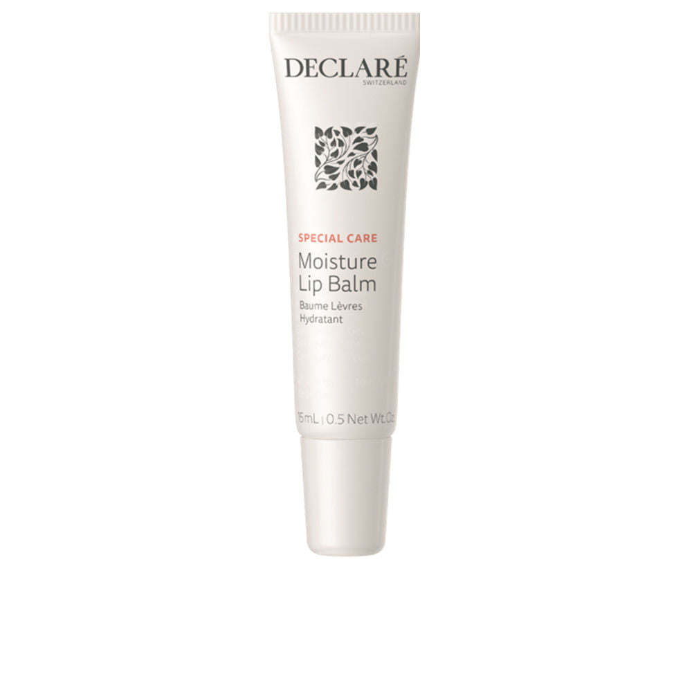 Declaré White plastic lip balm tube with screw cap, minimalist leaf-pattern logo, slim modern silhouette