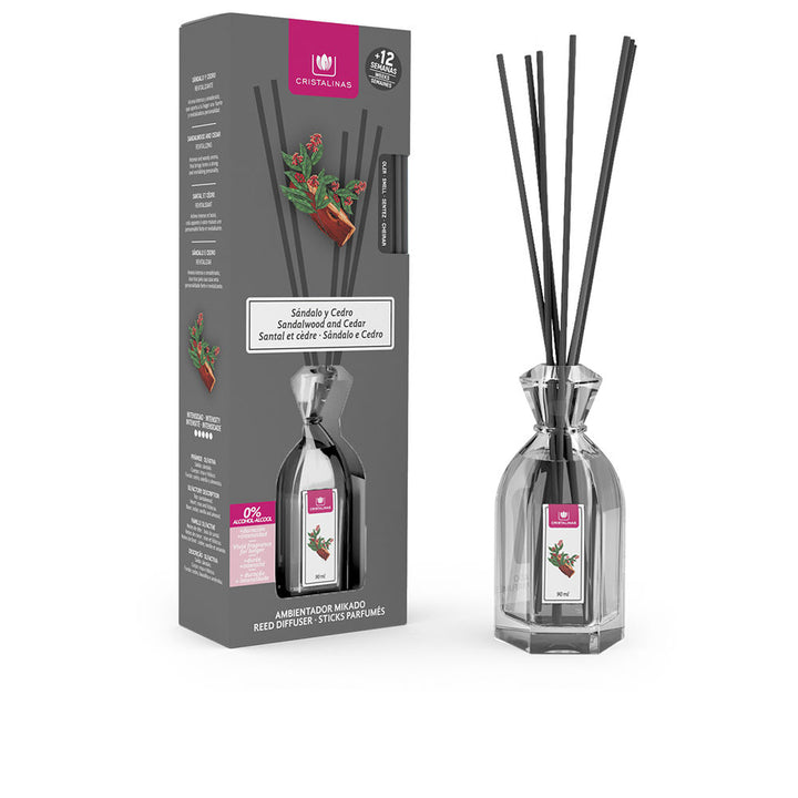 Glass reed diffuser with natural reeds, sandalwood and cedar scent, 90 ml bottle