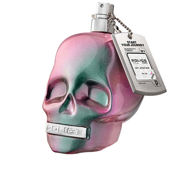 Police Glass perfume bottle in pink-to-green gradient with skull shape, metal tag on chain and spray nozzle — .