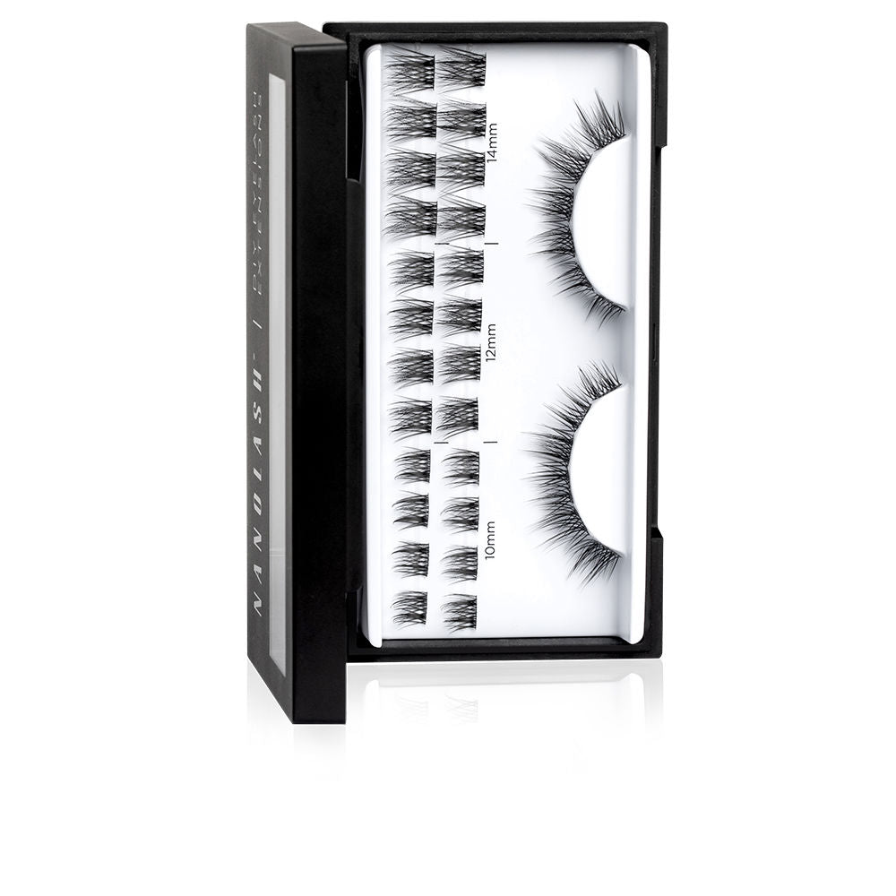 Nanolash Black false eyelash clusters on a curved strip showing varying lengths (10mm, 12mm, 14mm)