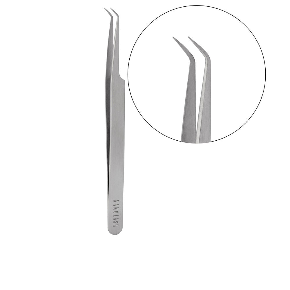 L-shaped stainless steel Nanolash eyelash tweezers angled tip for precision