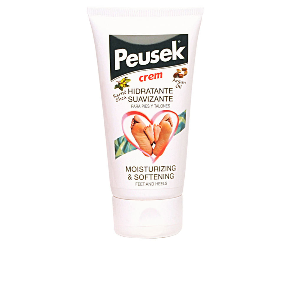 Peusek White plastic tube of hydrating foot and skin cream, simple clean design showing shea nuts and argan oil