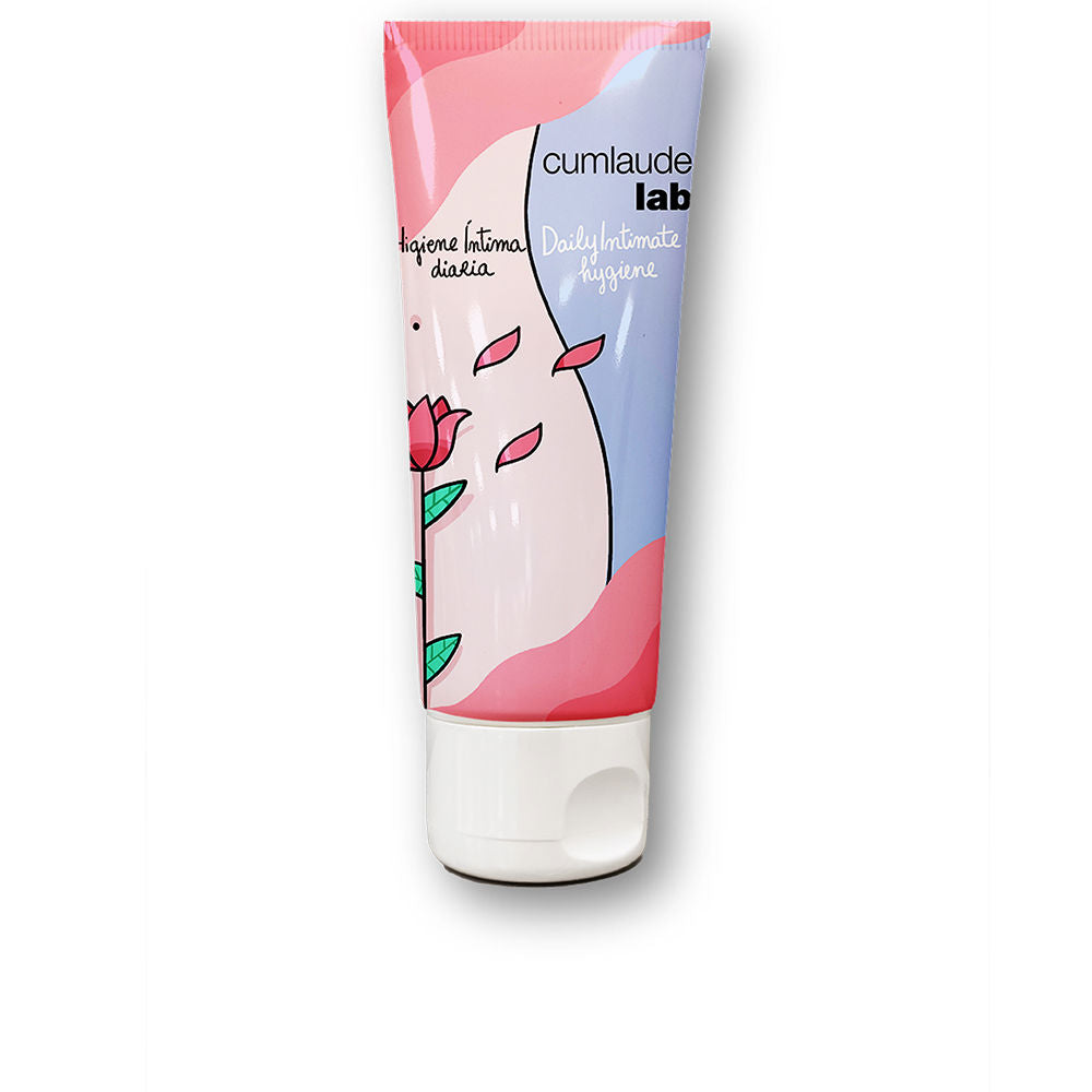Cumlaude Lab Plastic tube with white flip-top cap, pink and light-blue floral illustration, handwritten text