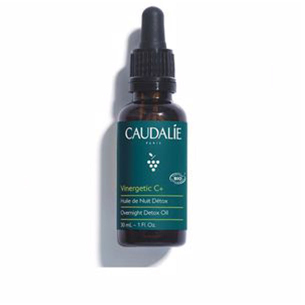 Caudalie Dark amber glass serum bottle with black dropper, teal label and grape cluster logo, small size