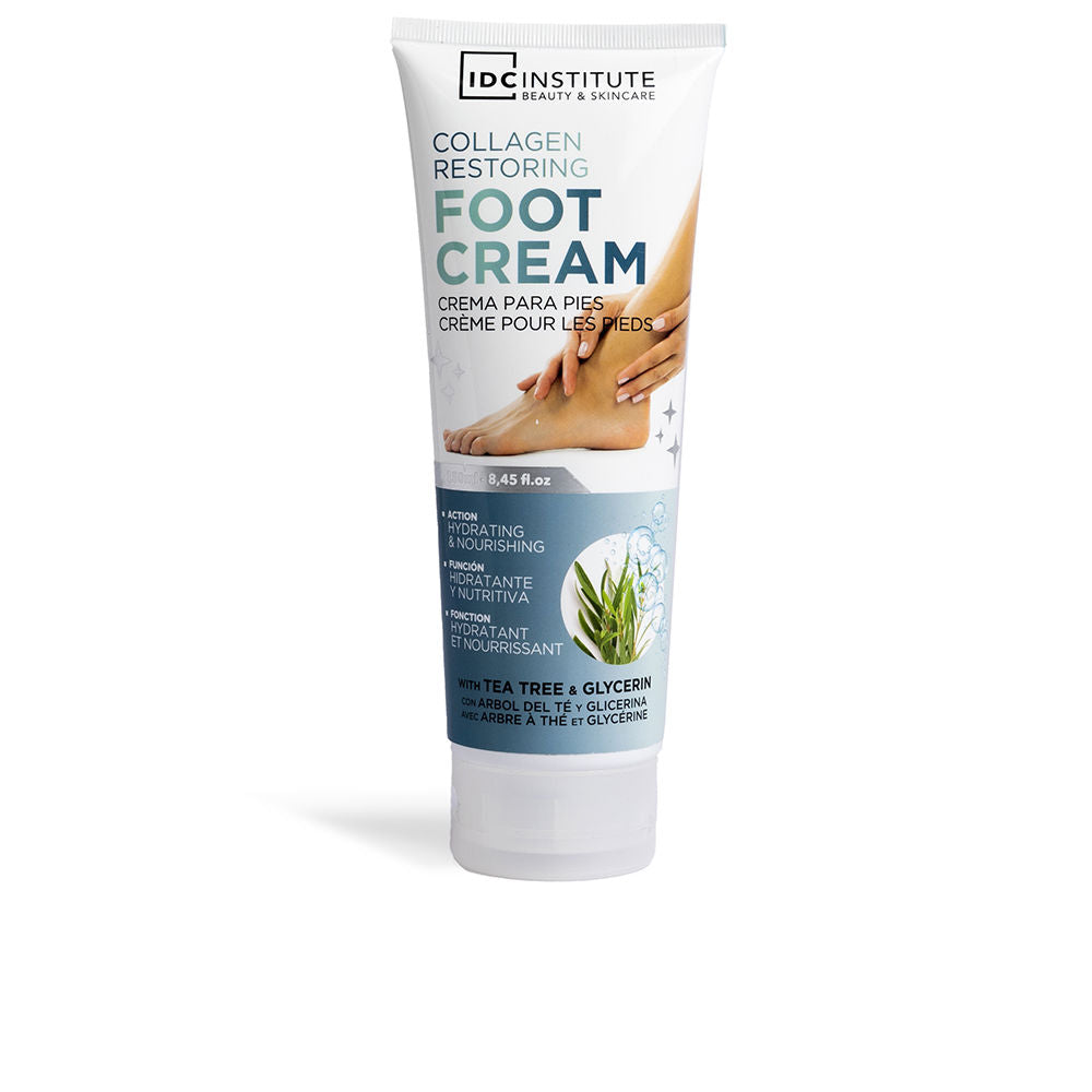 IDC Institute Tube of white-and-blue plastic foot cream with flip-top cap, clinical labeling, feet image, tea-tree motif