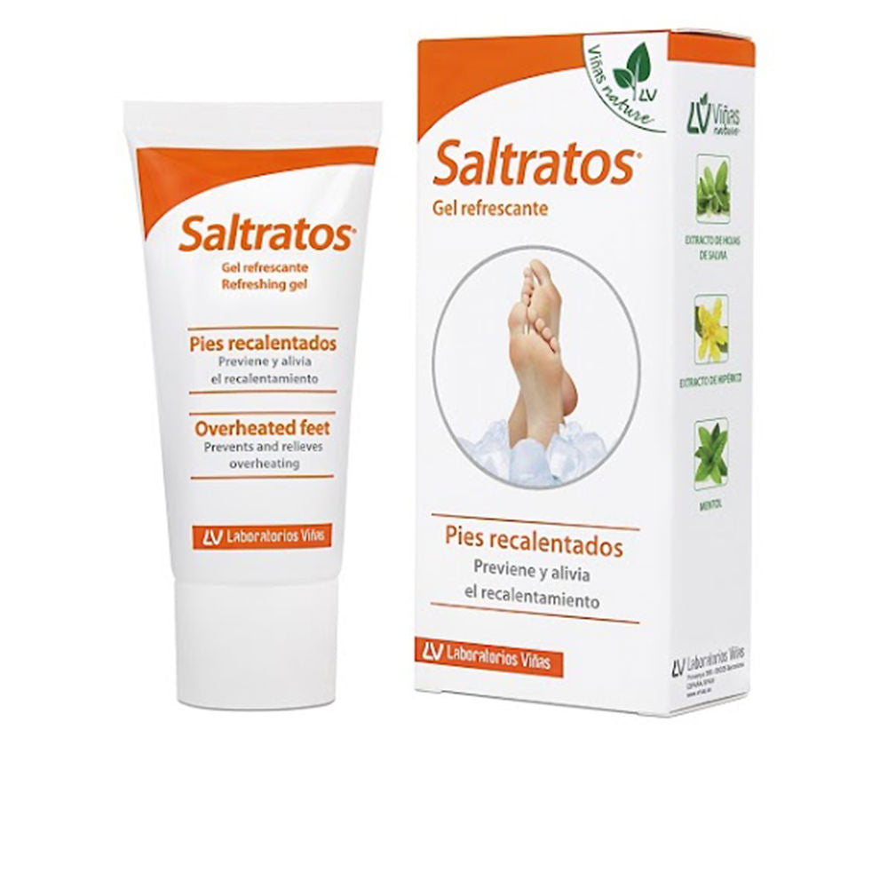 Saltratos Tube and box of white-and-orange cooling foot gel in plastic tube, cardboard box showing bilingual text and feet-on-ice image